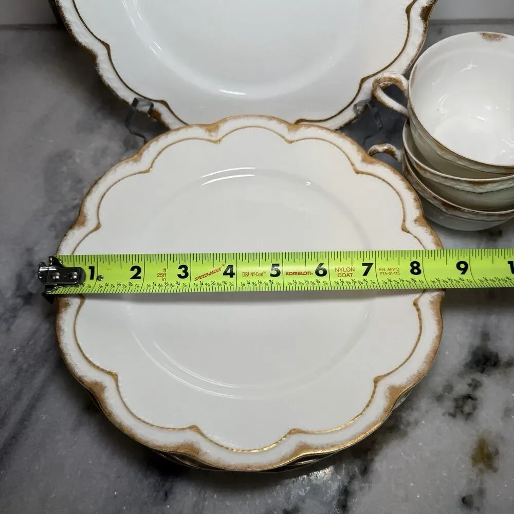 Antique Haviland Limoges Gold Dusted Rim Scalloped Plate Saucers Cups For 4 Set
